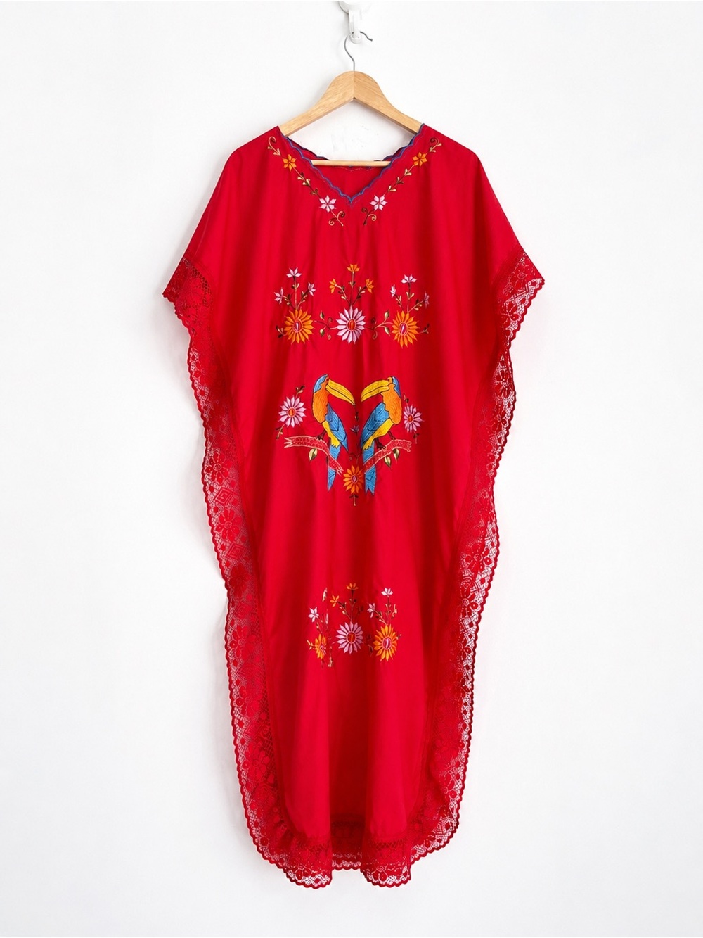 Vintage Tropical Toucan Embroidered Lace Kaftan Maxi Dress